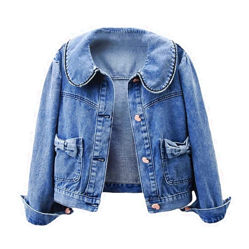 Hcclijo Vintage Blue Bow Big Pocket Peter Pan Collar Denim Jacket Women Short Cowboy Outerwear Jeans Jacket