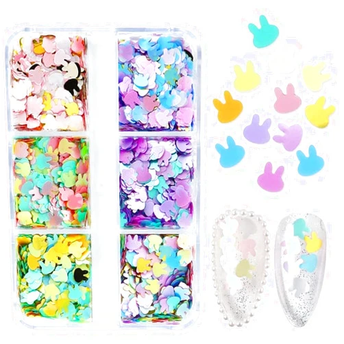 POWPOP Bunny Nail Art Glitter Sequins Easter 3D Holographic Rabbit Nail Art Flakes Mixed Color Cute Bunny Sparkly Nail Stickers Decals Confetti Easter Nail Art Supplies for Women Acrylic Nails Decorations
