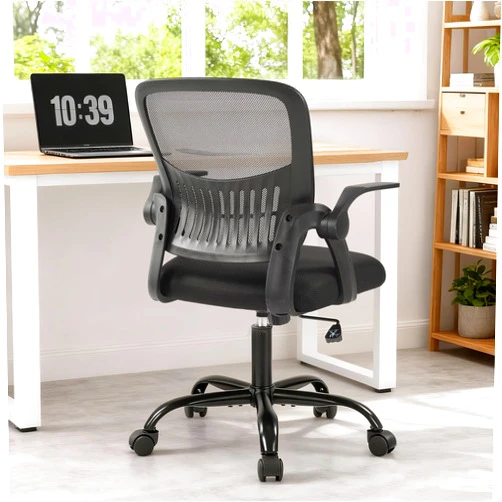 Sweetcrispy Home Office Managerial Executive Chair, Flip Up Armrest Ergonomic Mesh Adjustable Swivel Mid-Back Computer Desk Chair with Comfortable Lumbar Support, Comfy Arms for Bedroom,Study