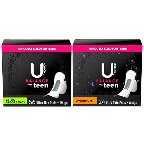 U by Kotex Balance Sized for Teens Ultra Thin Pads with Wings, Extra Absorbency, 56 Count & U by Kotex Balance Sized for Teens Ultra Thin Overnight Pads with Wings, 24 Count