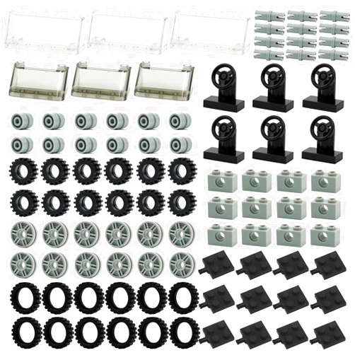 Pamvava Wheels and Axles Sets Tires, 102 Car Parts and Pieces, Windshield Steering Wheel Chassis Bricks Educational Toys