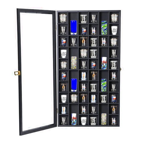 Snail Shot Glass Display Case Large Wooden Cabinet Rack Holder Wall Mounted Black Shadow Box Lockable with UV Protection Acrylic Glass Door Shot Glass Storage Case with Removable Shelves, 17
