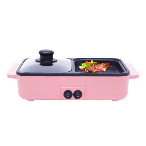QIUTMER Hot Pot Electric with Grill 2 in 1 Electric Hot Pot Non-Stick Pan Portable Multi-functional Grill Dual Temperature Control Pink for Indoor Outdoor Party Home