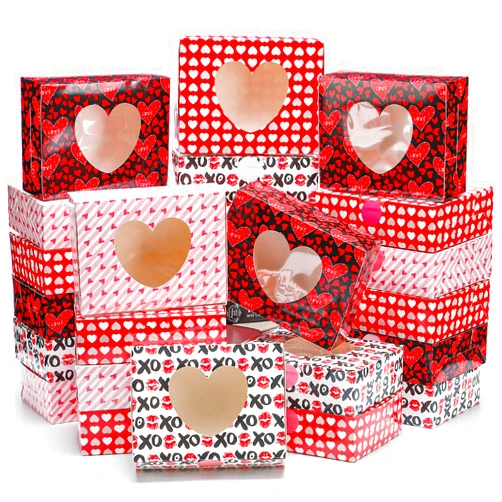 Resholder 24 Pcs Mothers Day Heart Bakery Cookie Boxes 8 x 6 x 2.5'' Red Pink Treat Boxes with Window Cupcake Candy Gift Container with Sticker for Women Valentines Party Favors