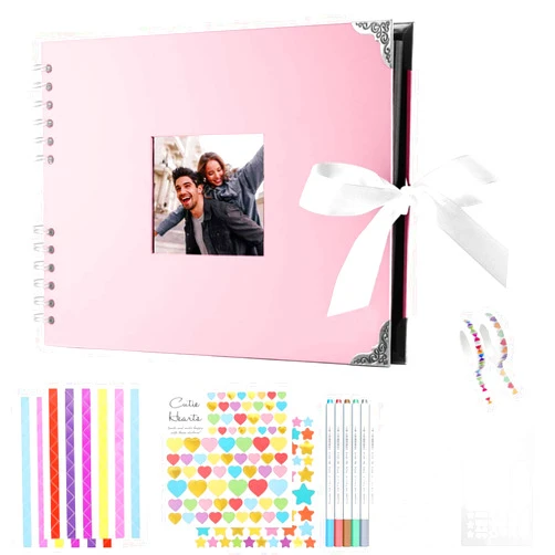 Newthinking Photo Scrapbook with 80 Black Pages, 11.5 x 8.5 Inches Scrapbook Photo Album with Accessories, DIY Couples Memory Scrap Book for Anniversary Wedding Birthday (Pink)