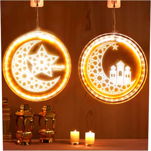 Dazzle Bright 2 Pack Eid Ramadan Decorations Window Lights, 8 Inch Battery Operated 3D Moon and Star Hanging Lights, Islamic Muslim Style Decoration for Outdoor Indoor Bedroom Party Decor