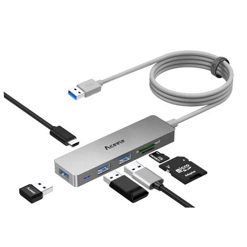 Aceele 5Gbps USB 3.0 Hub, 6 in 1 Ultra Slim Data USB Hub with 4ft Extended Long Cable, USB Multiport Hub with Micro USB Powered Port, SD/TF Card Slot Port, Compatible for PC, Laptop, MacBook