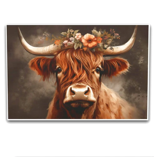 BsLoNg Coastal Boho Farmhouse Highland Cow Flower Canvas Wall Art - Rustic Country Landscape Longhorn Animal Painting for Living Room Bedroom Kitchen Decor - Floral Artwork Poster, 8x12in Frameless