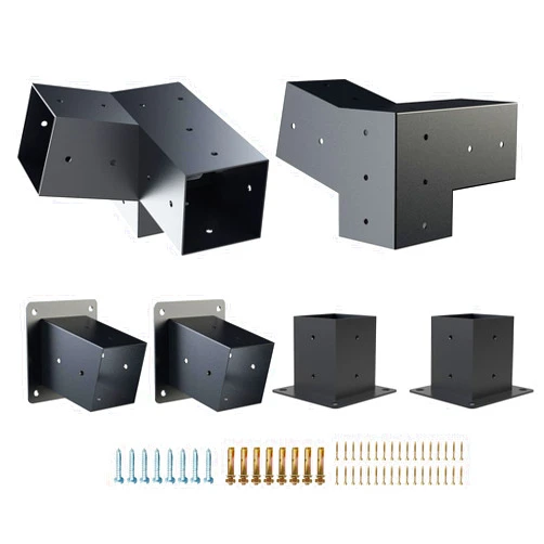 Kinchoix Pergola Brackets, 2 Pack Woodworks Pergola Kit 15° 3-Way Right Angle Corner Bracket with Pergola Post Base for 4x4'' (Actual: 3.5x3.5'') Wood Beams Elevated Wood Stand Kit 6 Pc