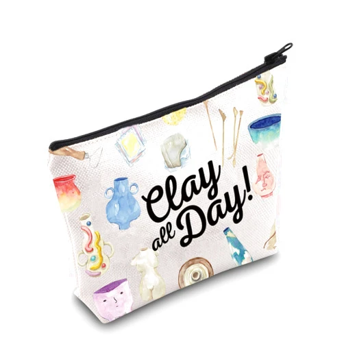 WZMPA Pottery Cosmetic Makeup Bag Ceramic Artist Gift Clay All Day Zipper Pouch Travel Bag For Pottery Teacher Student (Clay All Day)