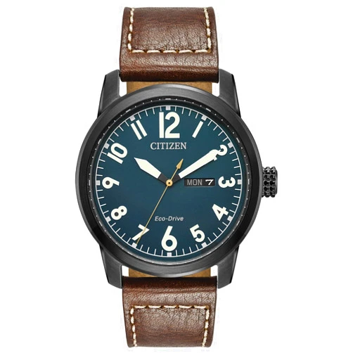 Citizen Men's Eco-Drive Weekender Garrison Field Watch in Black IP Stainless Steel with Brown Leather strap, Navy Dial (Model: BM8478-01L)