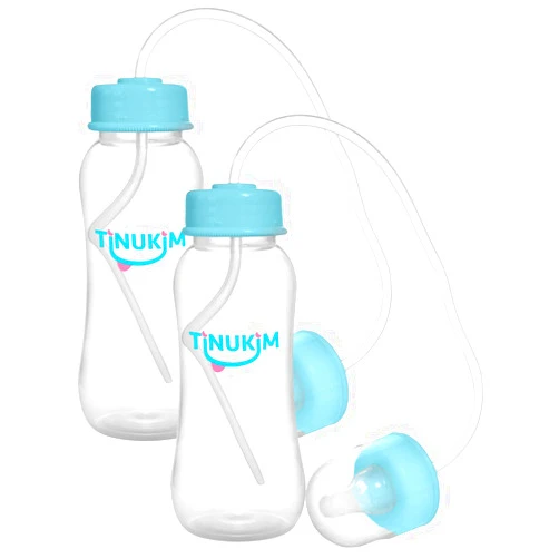 Tinukim iFeed 9 Ounce Self Feeding Baby Bottle with Tube - Handless Anti-Colic Nursing System, Blue - 2-Pack 9 Ounce Blue