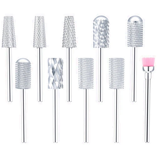 Honoson 10 Pcs Nail Drill Bits Set, 3/32 Inch Tungsten Carbide Bits for Nail Tech, Remove Acrylic Gel Polish, Manicure Pedicure Tools for Salon Home Supplies(Silver)