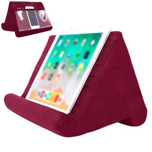 Souleden Tablet Soft Pillow Stand with Mesh Storage Pockets Multi-Angle Soft Bed Pillow Holder Lap Stand for Tablets Readers Books Magazines Kindle Red