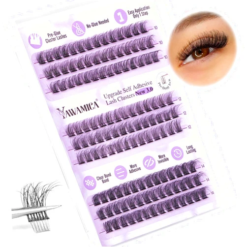 Yawamica Self Adhesive Lashes Clusters Fluffy Wispy Eyelash Extension Self Adhesive Eyelashes Reusable Press on Lashes No Glue Needed Eyelash Clusters 10-14mm C Curl Individual Lashes 126pcs by Yawamica