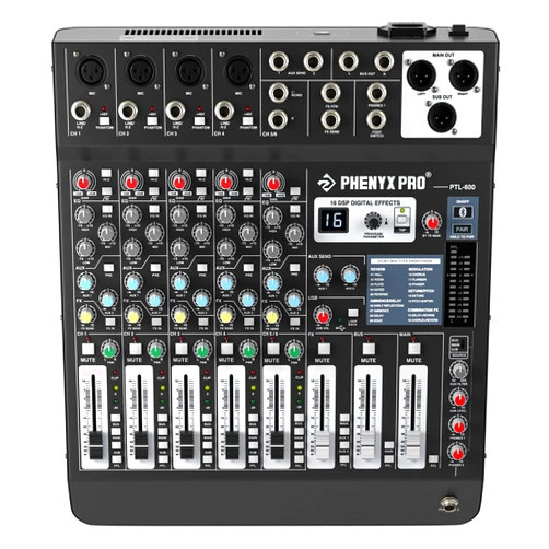 Phenyx Pro Professional 6-Channel Audio Mixer, Phenyx Pro DJ Sound Mixer Board w/Flexible AUX, BUS, SUB Routing, 16 DSP, BT Streaming & USB-B PC Recording, Mixing Console for Stage, Home Studio (PTL-600)