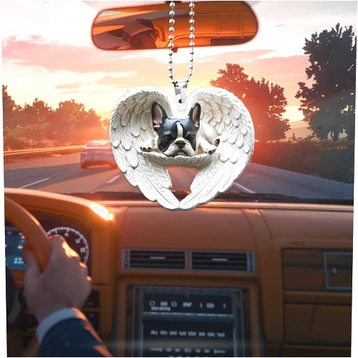 RoyKindsIII French Bulldog Angel Wings Ornament, Heart-Shaped Car Rearview Mirror Hanging Decor, 3.5 x 3.5 Inch, Waterproof, Flat