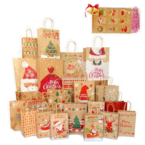 Bavcieu Christmas Gift Bags 24 Pack, Christmas Kraft Paper Bags Bulk with Handles 24 Styles, Assorted Sizes Bag Set with 50 Tags, Xmas Holiday Paper Bag & Goody Bags, Favor Bags (8 large, 8 Medium, 8 Small)