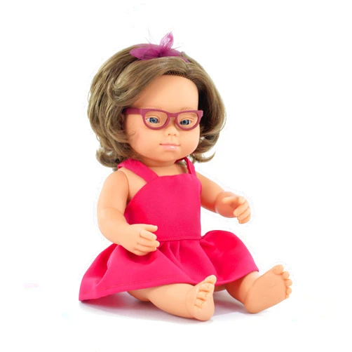 Miniland Baby Doll Caucasian Girl with Down Syndrome and Glasses 15´´ inches in Box. Made in Spain with Vanilla Scent. Anatomically Correct. My Friends & Me Collection