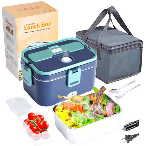 DUPASU Electric Lunch Box, Food Heated 12V 24V 110V Portable Food Warmer Heater for Car/Truck/Home, 80W Self Heating Box with 1.8L 304 Stainless Steel Container 0.45L Compartment (Green+Royal blue)