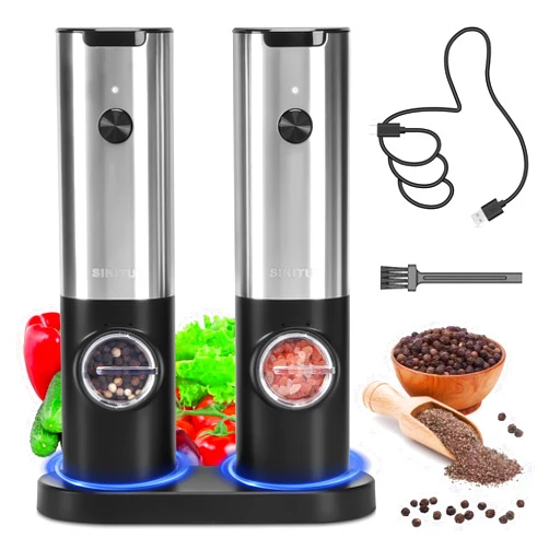 SIKITUT Electric Salt and Pepper Grinder Set with Type-C Rechargeable Base, Automatic Pepper Mill Grinder Refillable Set, Adjustable Coarseness, One Handed Operation, LED Light, 2 Pack