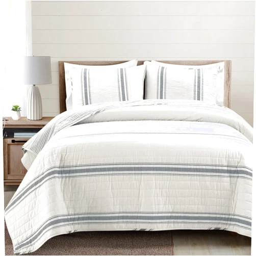Lush Decor Farmhouse Stripe Reversible Quilt Set, 3 Piece Set, Full/ Queen, Dark Gray - Cozy Farmhouse Bedding Set - Rustic Decor - Striped Quilt - Modern Farmhouse Bedroom Decor
