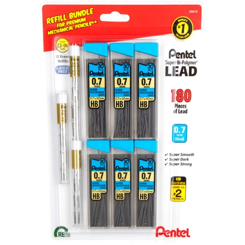 Pentel 7mm Lead Refill And Eraser Pack for Mechanical Pencils - Super Hi-polymer - Value Pack - 6 Packs of 0.7 Lead Refills (30 In Each) - 3 Packs of White Eraser Refills (4 In Each)