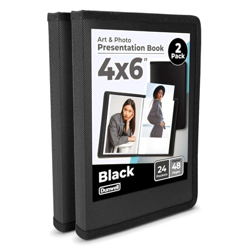 Dunwell 4x6” Art Portfolio Presentation Book (2-Pack, Black), 4 x 6 Photo Album, 24 Sleeves Display 48 Pages, Professional Photo Book for 4 x 6 Pictures, Photography, Artwork, Postcards, Keepsakes