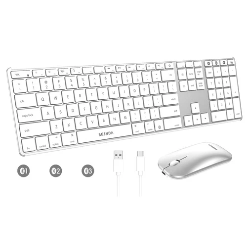 seenda Bluetooth Keyboard and Mouse for Mac, COS500 Multi-Device Rechargeable Keyboard Mouse with Quiet Keys, Full Size Slim Combo Compatible for MacBook Pro/Air, Mac, iPad, iPhone - White Silver