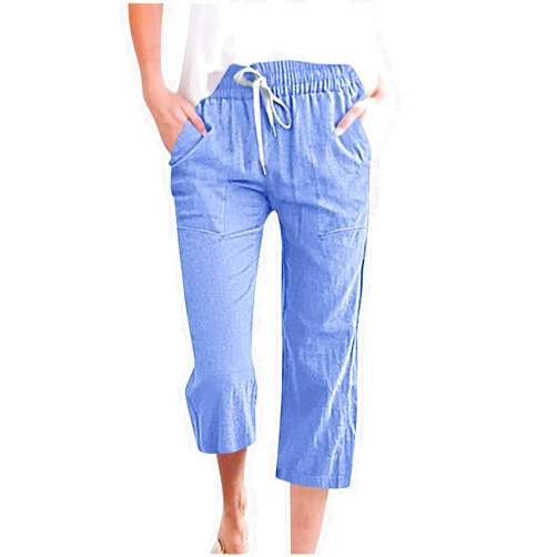 Generic Linen Pants Women Fragrant Hemp Solid Color Loose Women Fashion Drawstring Pants Seven Pants Pockets