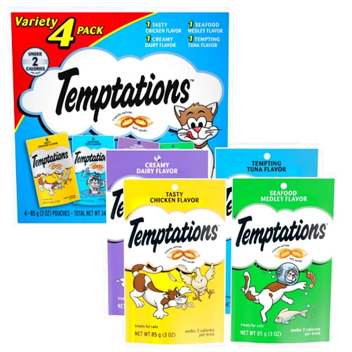 TEMPTATIONS Classic Crunchy and Soft Cat Treats Feline Favorite Variety Pack, 3 oz. Pouches,4 Count