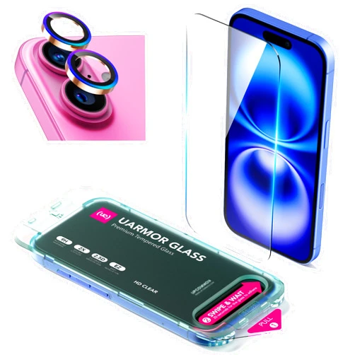 Upcommon UARMOR Clear Screen & Lens Protector for iPhone 16, Double Strength Tempered Glass with Easy Installation Kit 9H Hardness [2Pack Screen Protector, Rainbow Lens Protector]