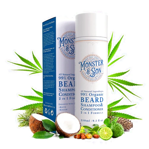 Monster&Son Organic Beard Shampoo & Conditioner 2 in 1 - Beard Wash with Conditioning For Men - Gentle Face Cleanser For Sensitive Skin - Hypoallergenic, Paraben & Sulphate Free - Long Lasting 250ml