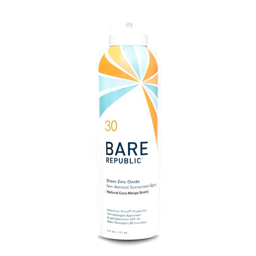 Bare Republic Mineral Sunscreen SPF 30 Sunblock Spray, Sheer and Non-Greasy Finish, Coconut Mango Scent, 6 Fl Oz