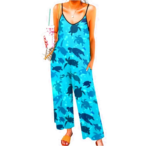 Hicawetp Women's Shell Printed Jumpsuits Summer Casual Wide Leg Jumpsuit Overalls One Piece Rompers With Pockets