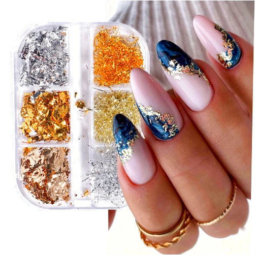 Eseres Nail Foil 3D Sparking Gold Flakes for Nails 6 Grids Metallic Nail Glitter for Nail Art Design