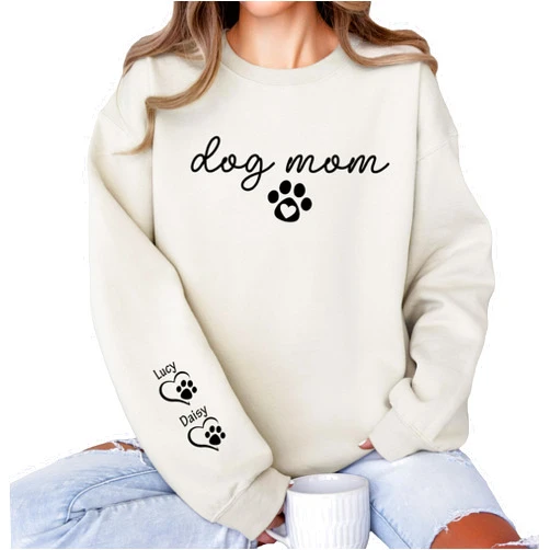 Handmade Personalized Dog Mom Crewneck Sweatshirt with Pet Names on Sleeve Custom Pet Name Hoodie for Women Mama Gift Comfort Colors Tee with Paw Print Heart Design Customized Dog Lover Shirt Sand