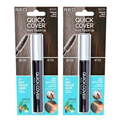 KISS RED by Kiss Quick Cover Root Touch Up Rescue, Mascara Natural Water-Resistant Temporary Gray Concealer Cover Up Brush for Hair Mustache & Beard (Natural Dark Brown) (2Pcs)