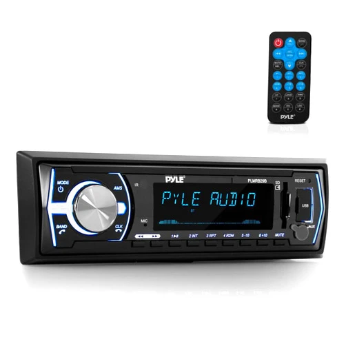 Pyle Marine Bluetooth Stereo Radio - 12v Single DIN Style Boat In dash Radio Receiver System with Built-in Mic, Digital LCD, RCA, MP3, USB, SD, AM FM Radio - Remote Control - PLMRB29B (Black)
