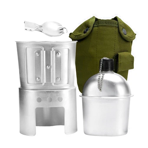 BeGrit Military Canteen Army Canteen WWII US G.I. Style Canteen Kit with Aluminum Cup Stove Stainless Steel Spoon Fork for Hiking Backpacking Camping