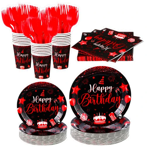 Vesici 120 Pcs Happy Birthday Party Supplies Disposable Party Tableware Serves 24 Included 7 Inch 9 Inch Plates Napkins Cups Forks for Men Woman 50th Birthday Party Decorations (Black and Red)