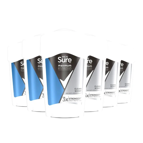 Sure Maximum Protection Clean Scent 96h protection deodorant Anti-perspirant Cream Stick for 3x stronger* sweat protection 45 ml 6 pack