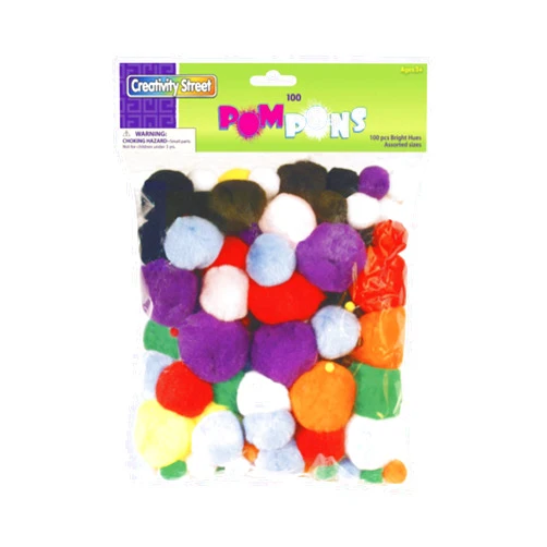 Chenille Kraft Creativity Street Pom Pons, Assorted Bright Colors, Various Sizes, Set of 100