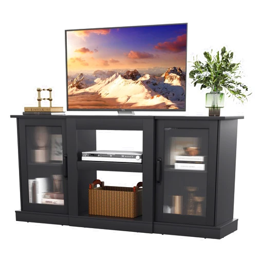 WLIVE Retro TV Stand for 65 inch TV, TV Console Cabinet with Storage, Open Shelves Entertainment Center for Living Room and Bedroom, Black