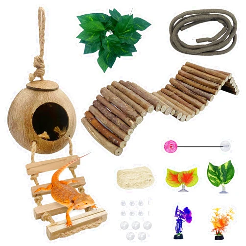 Hamiledyi Leopard Gecko Tank Accessories, 10 Pcs Reptile Vines Plants with Coconut Shell Ladder Hideout Hut Hermit Crab Decor for Bearded Dragon Lizard Chameleon Tortoise Snake Play Rest