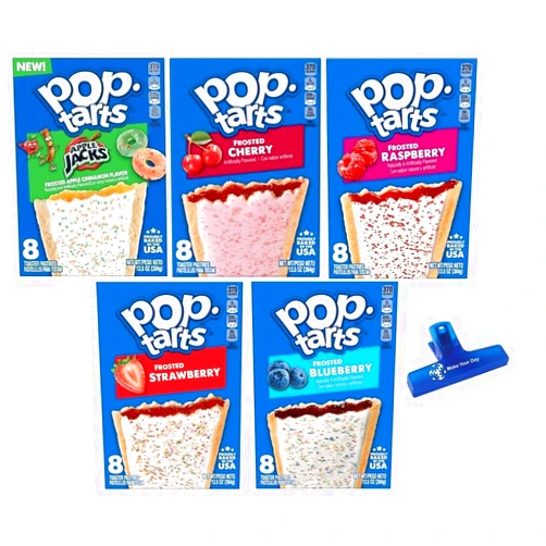 Make Your Day Pop Tarts Frosted Toaster Pastry Variety, Apple Cinnamon, Cherry, Raspberry, Strawberry, and Blueberry, 13.5 Ounce (Pack of 5) - with Make Your Day Bag Clip