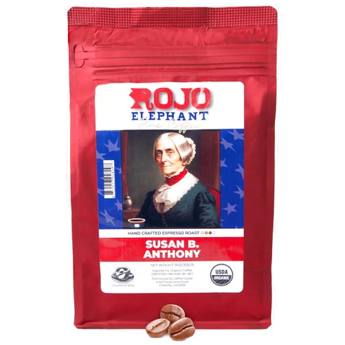 Rojo Elephant Susan B. Anthony Handcrafted Espresso Ground Coffee, Made From 100% Arabica Beans, Premium, Smooth, Rich Flavor, USDA Organic, 11 0z Pack