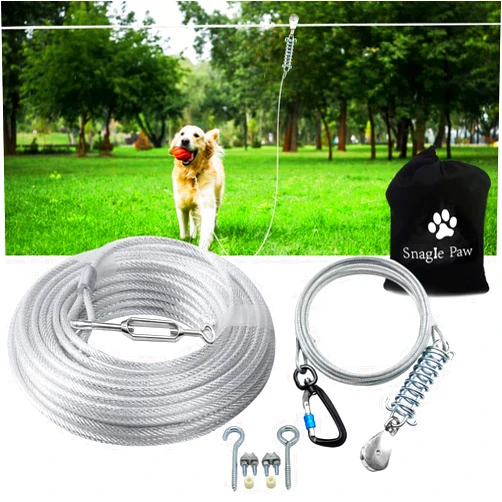 Snagle Paw Dog Tie Out Runner for Yard,Trolley System for Large Dogs,Heavy Duty Dog Run Cable Lead 50ft with 10ft Pulley Runner Line for Small Medium and Large Dogs Up to 250lbs Running Outside Yard or Camping
