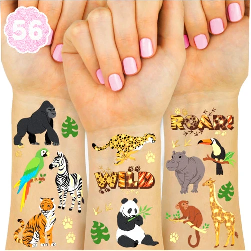 xo, Fetti Jungle Animals Temporary Tattoos - 56 Gold Foil Pcs | Wild Birthday Accessory, Safari Bachelorette Party Favor, Cute Kids Zoo Activity