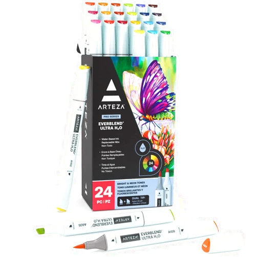 ARTEZA Dual Tip Brush Pens, 24 Bright and Neon Tones, EverBlend Watercolor Calligraphy Markers with Nylon Brush